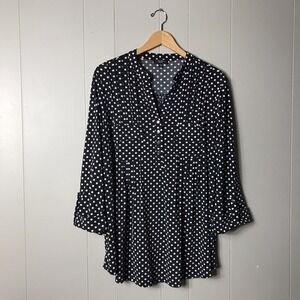COCOMO BLACK POLKADOT LIQUID KNIT TUNIC PLEATED V NECK 3/4 SLEEVE WOMENS SIZE 2X